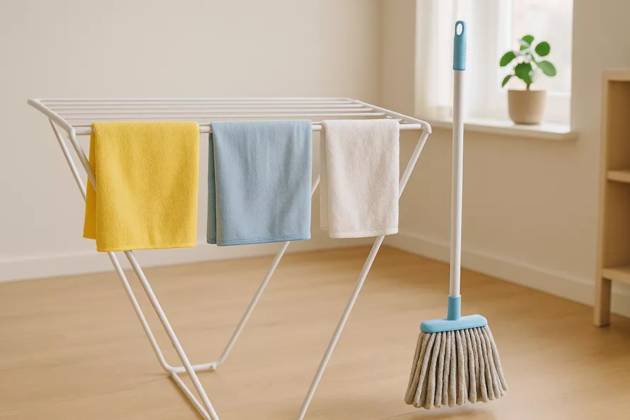 “Trasor och moppar hänger på tork efter städning – symboliserar renlighet, hållbar städvård och god hygien i hemmet genom rätt skötsel av städutrustning”