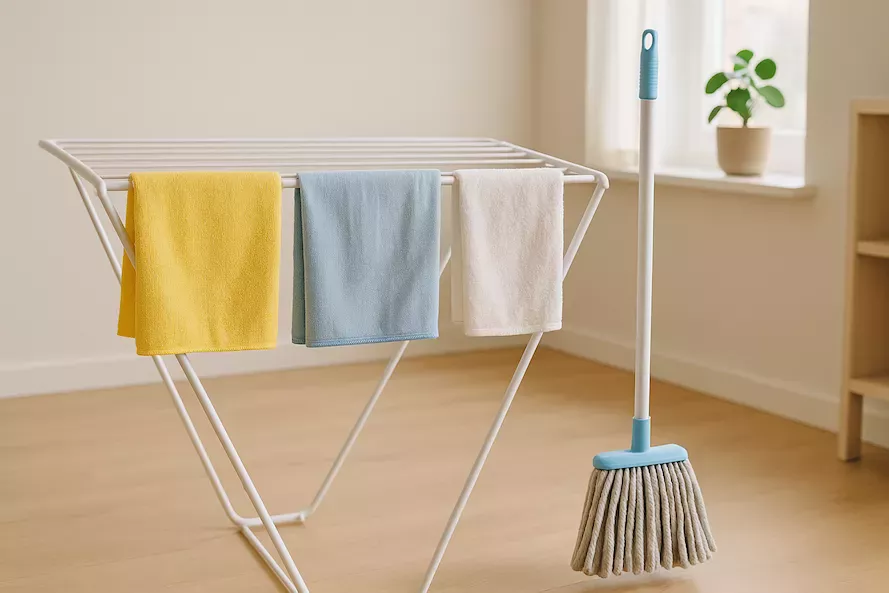 “Trasor och moppar hänger på tork efter städning – symboliserar renlighet, hållbar städvård och god hygien i hemmet genom rätt skötsel av städutrustning”